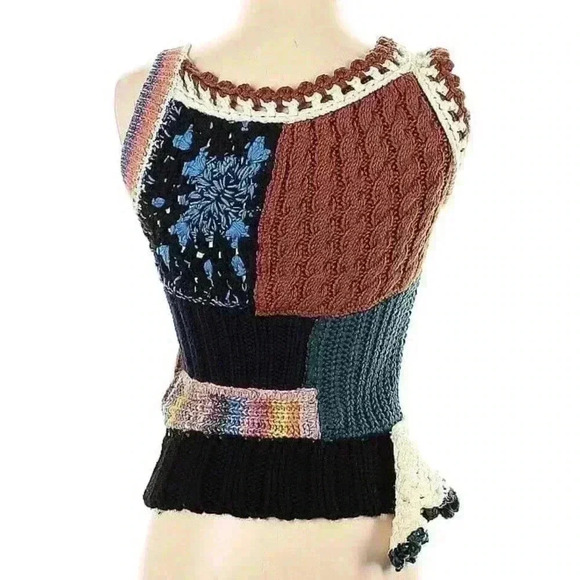 DSQUARED2 Womens Crochet Top Wool Sweater Vest Top Patchwork XS Knit Shirt Italy - Picture 2 of 3